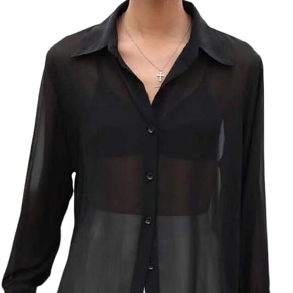 bp Tops - BP Black Sheer Mesh Button-up Shirt Size M